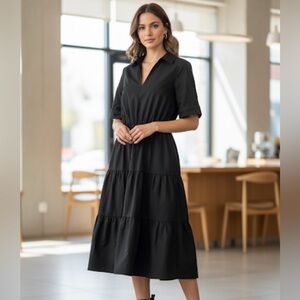 NWT Zara Black Collared Ruffle Short Sleeve Fit/Flare Midi Dress Sz S